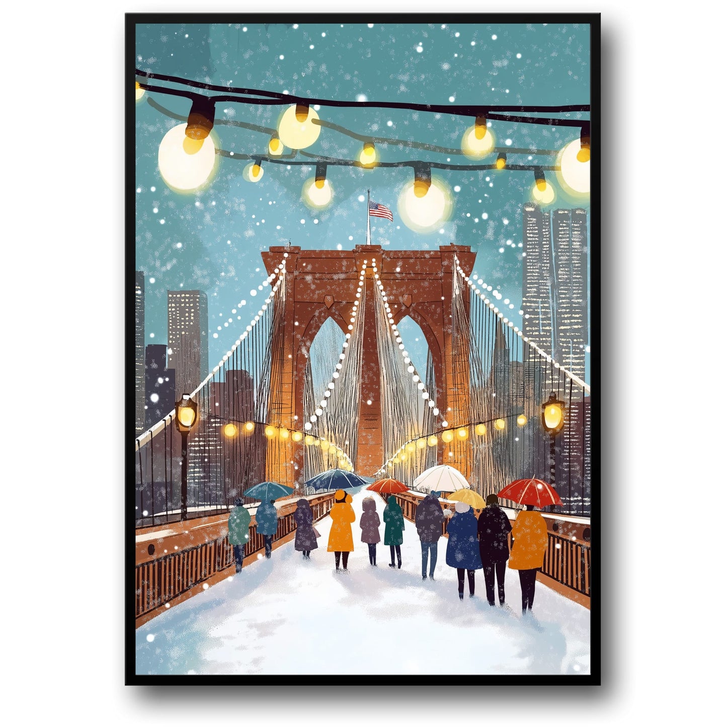 Brooklyn Bridge Winter Wonderland | Vibrant New York City Art | Urban Landscape with Festive Lights & Snowflakes | Holiday Season Poster | Perfect Urban Scenery Decor | NYC Themed Print