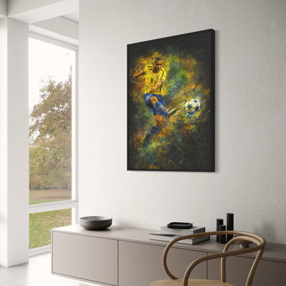 Brazilian Soccer Player Art | Sports Poster with Kick | Energetic Yellow Green Blue Splash | Home Wall Decor Print