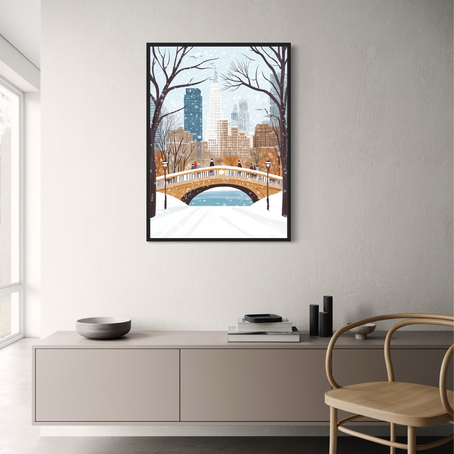 Scenic Winter Cityscape | Urban Skyline Poster with Snowfall | Elegant Snow-Covered Trees | Skyscrapers and Lamp Posts | People in Winter Attire | Home & Office Decoration | Festive Seasonal Print