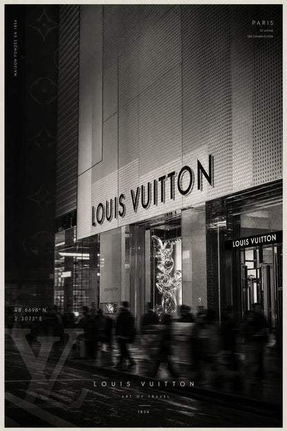 Louis Vuitton Paris Storefront | Luxury Art Print Wall Decor | Fashion Brand Poster for Home Office Decoration | Black and White Photography Poster