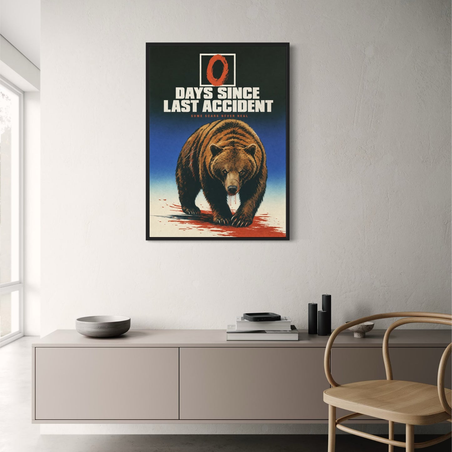 Bear Illustration Art | 0 Days Since Last Accident | Wildlife Poster | Bold Graphic Print for Home Decor Wall Art