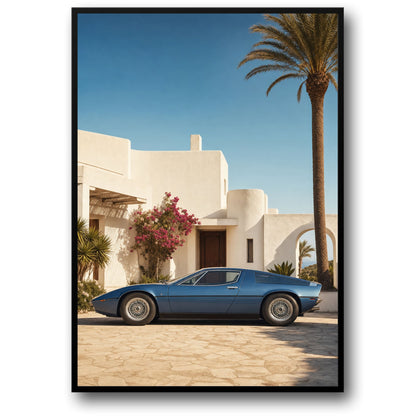 Classic Blue Sports Car | Mediterranean Villa | Luxury Auto Art Print Poster | Retro Design | Wall Decor