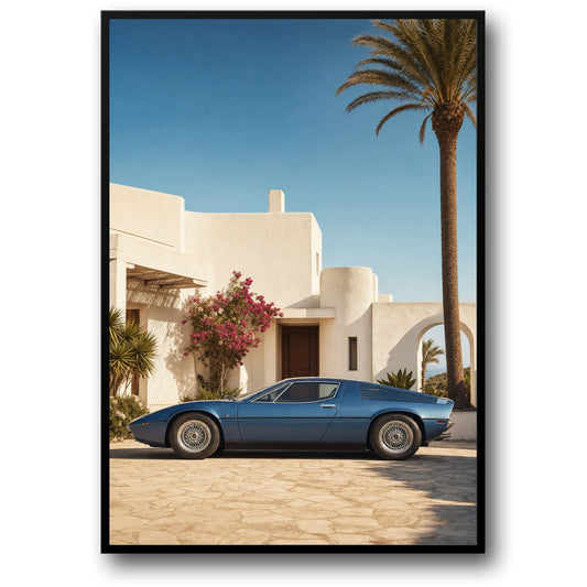 Classic Blue Sports Car | Mediterranean Villa | Luxury Auto Art Print Poster | Retro Design | Wall Decor