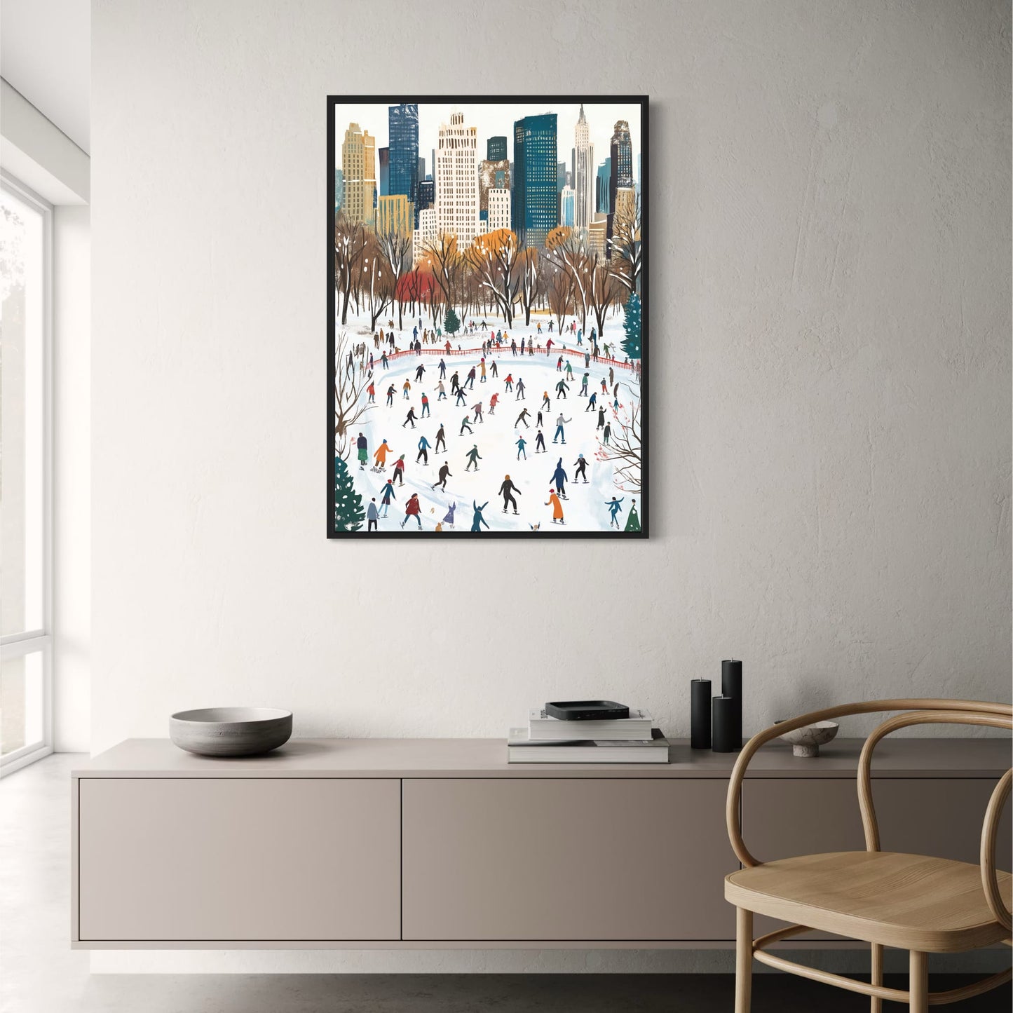 Festive Winter Wonderland | Vibrant Cityscape Background | Crowd of Skaters | Urban Snow-Filled Holiday Experience | Poster | Print