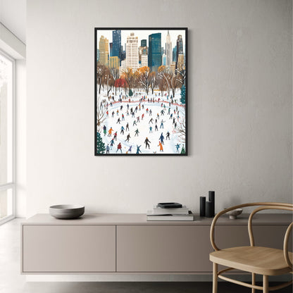 Festive Winter Wonderland | Vibrant Cityscape Background | Crowd of Skaters | Urban Snow-Filled Holiday Experience | Poster | Print