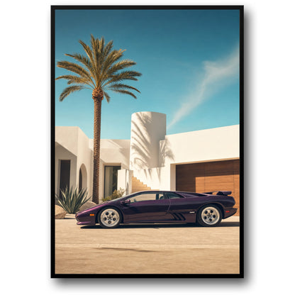 Luxury Sports Car & Palm Tree Art | Exotic Car Wall Decor | Elegant Architecture Scene Poster | Premium Print
