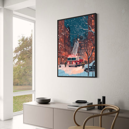 Vibrant City Nightscape | Heroic Firefighters in Action | Ladder Truck in Snow-Covered Urban Scene | Street Art Print | Urban Poster