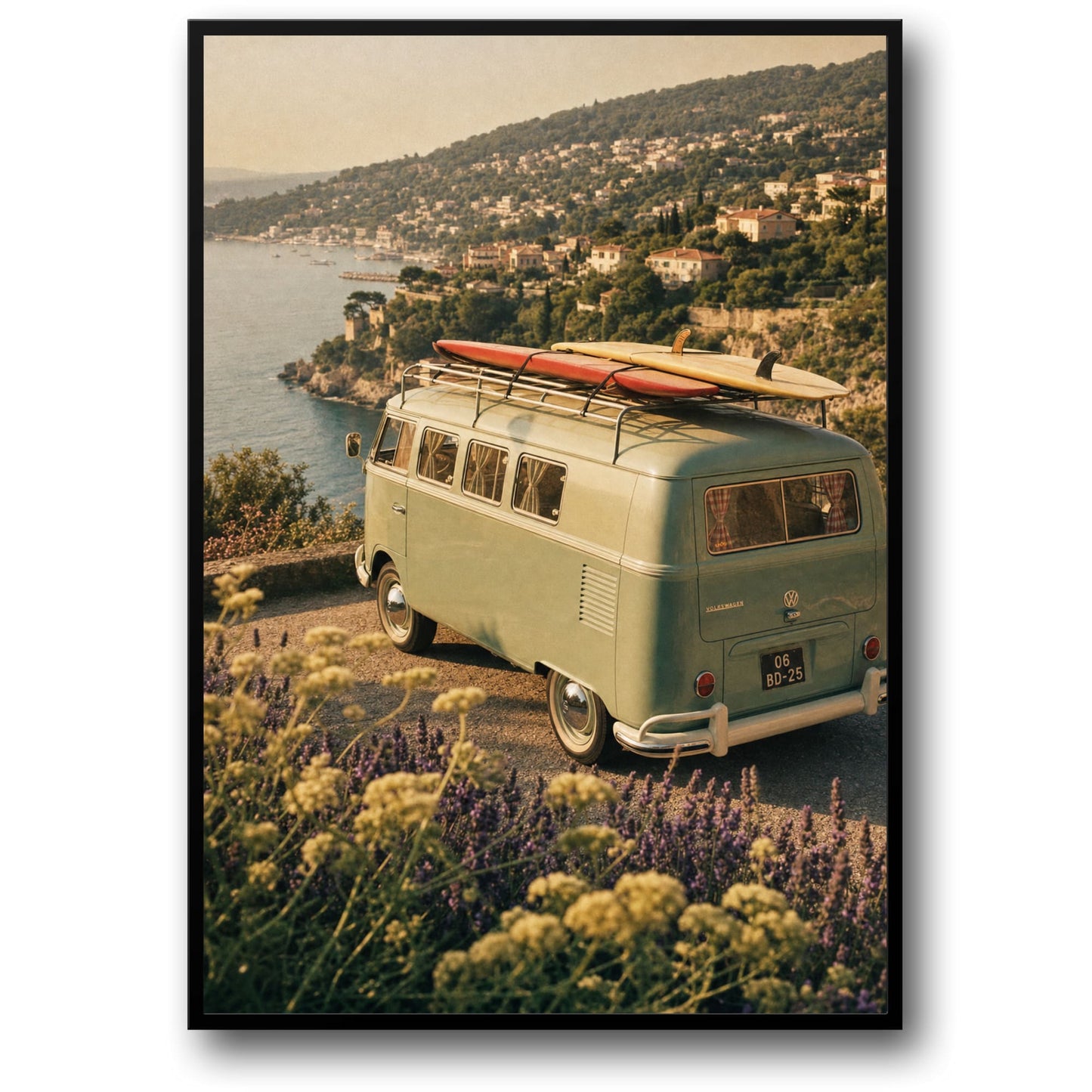 Vintage Camper Van by Seaside | Scenic Landscape | Retro Travel Art Print | Coastal View | Adventure Poster