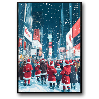 Festive Times Square Scene | Joyful Santa Crowd | Snowy Urban Night | Skyscrapers & Holiday Lights | Winter Wonderland Print for Christmas Decor | Community Spirit | Holiday Season Poster