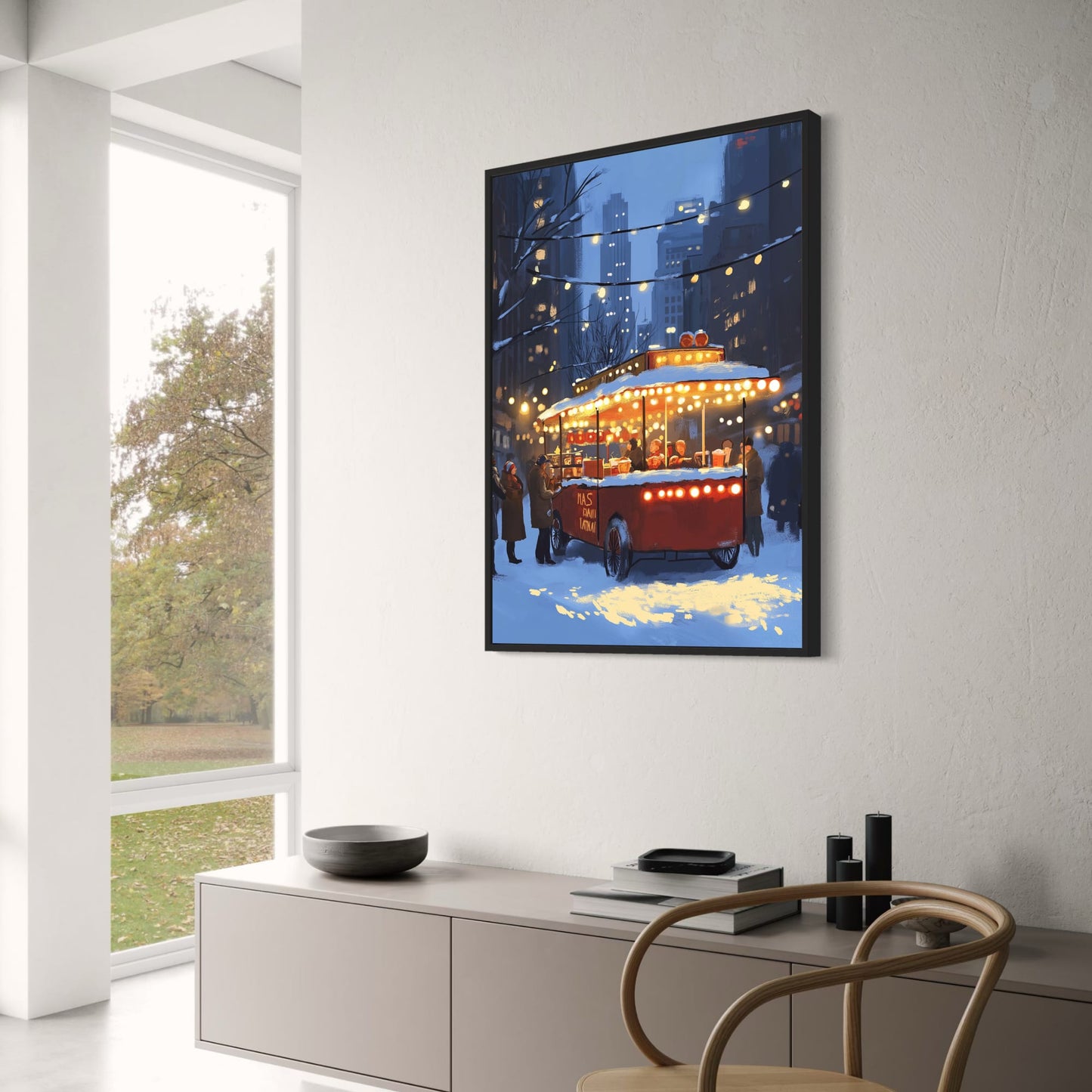 Charming Winter Cityscape | Vintage Hot Dog Stand | Festive Holiday Lights | Snowy Urban Atmosphere | Nostalgic Street Scene Poster | Winter Wonderland | Skyscrapers | Illuminated Trees | Cozy Market Print