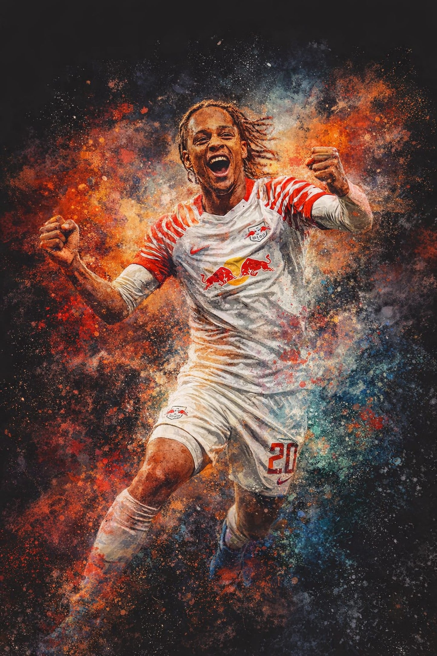 Yussuf Poulsen | Soccer Canvas | Energetic Football Art Decor | Vibrant Soccer Celebration Poster | Red Bull Leipzig Themed Print | Perfect Wall Art for Sports Bars | Inspirational Decor for Football Enthusiasts