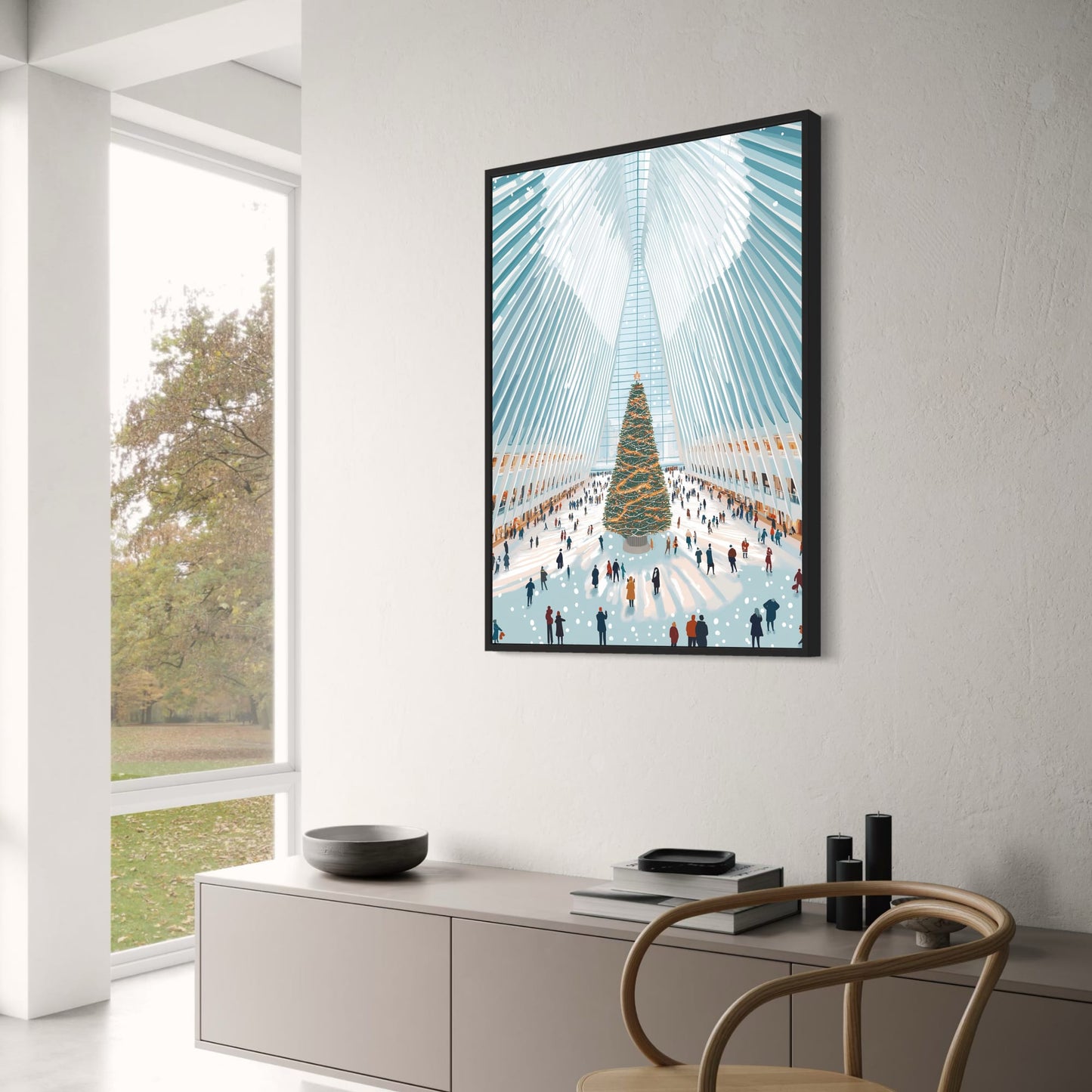 Holiday Spirit | Majestic Christmas Tree | Modern Atrium | Snowy Atmosphere Poster | Festive Decor | Interior Scene | Seasonal Celebrations | Perfect for Winter Wonderland Theme | Print