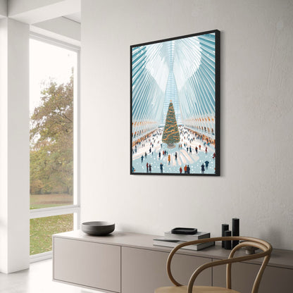 Holiday Spirit | Majestic Christmas Tree | Modern Atrium | Snowy Atmosphere Poster | Festive Decor | Interior Scene | Seasonal Celebrations | Perfect for Winter Wonderland Theme | Print