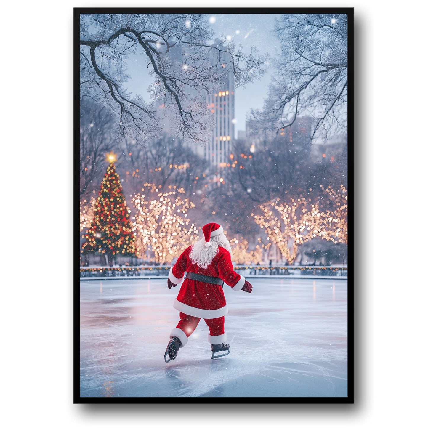 Enchanting Urban Christmas Scene | Santa Claus Ice Skating | Festive Wonderland Poster | Glittering Holiday Decor | Christmas Lights & Decor | Snow-Covered Cityscape | Magical Seasonal Print | Home & Office Wall Art