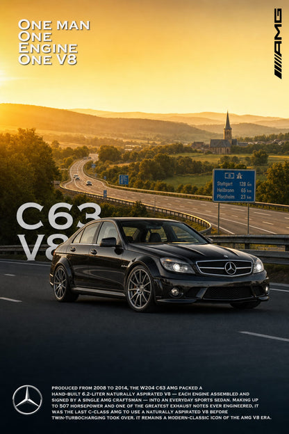 Mercedes C63 AMG V8 Poster | Classic Car Art | Iconic Engine Design Print | Luxury Sports Sedan | Wall Decor Poster