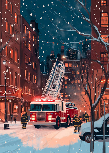 Vibrant City Nightscape | Heroic Firefighters in Action | Ladder Truck in Snow-Covered Urban Scene | Street Art Print | Urban Poster