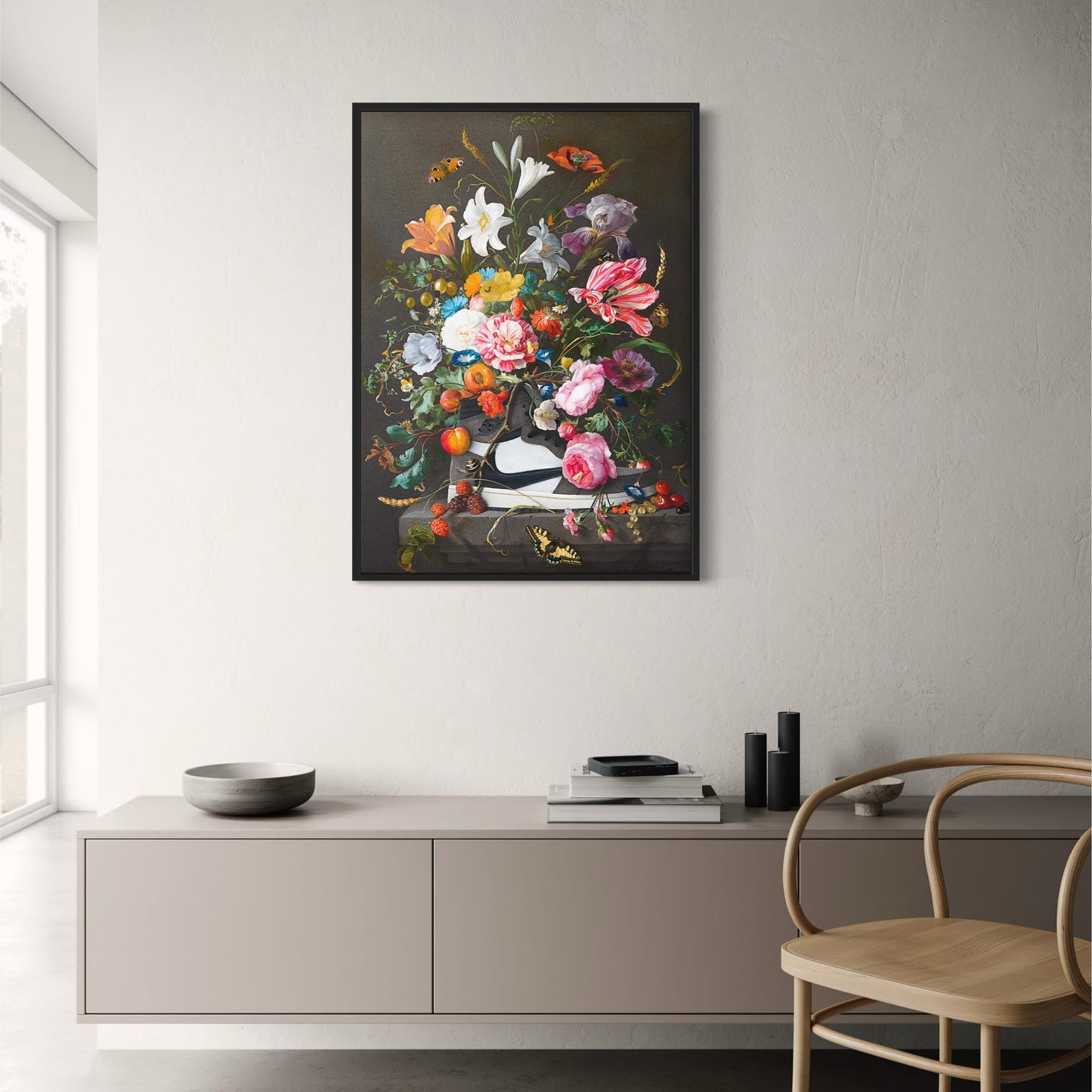 Sneaker & Botanical Fusion | Dark Background | Flowers & Butterflies