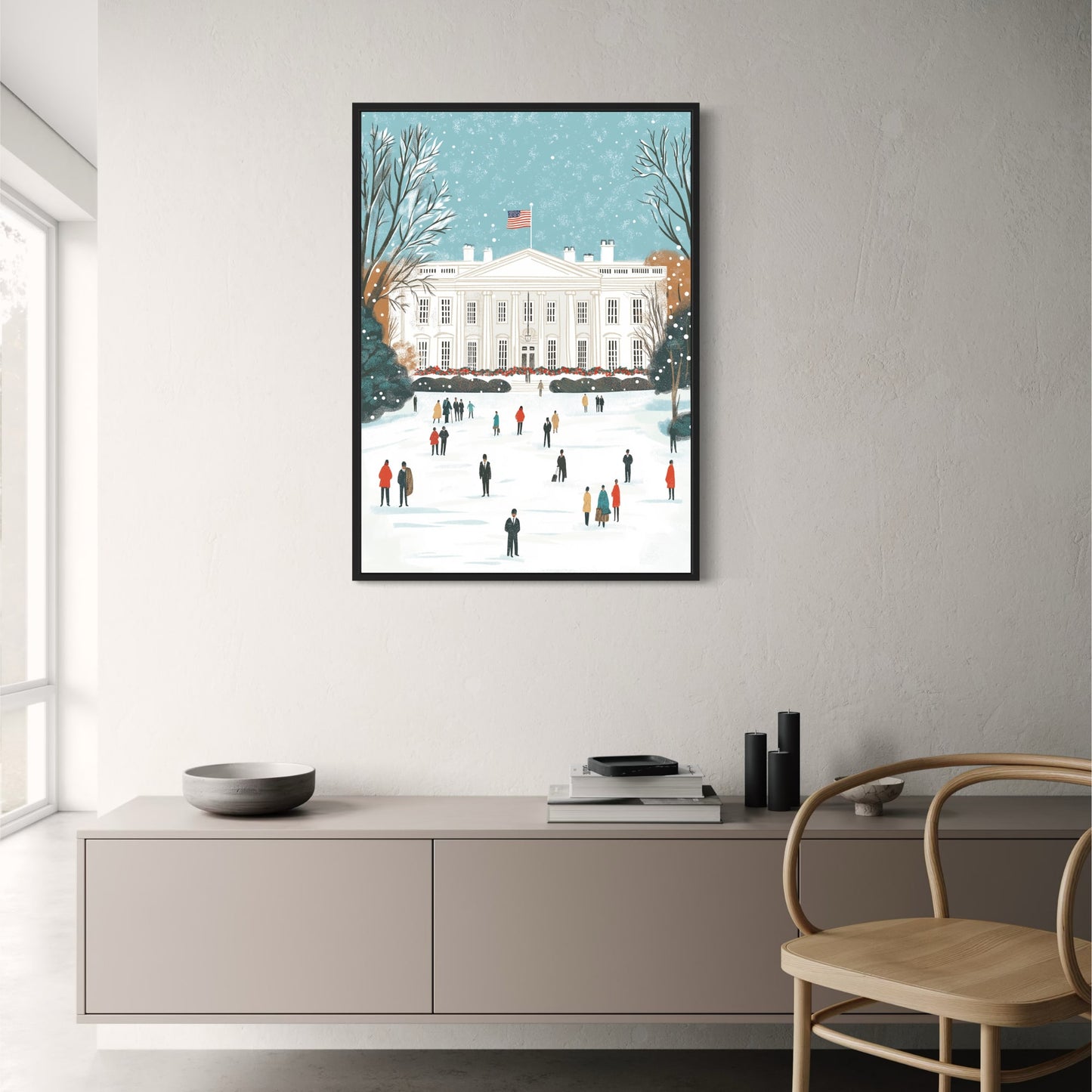 Charming Winter Scene | Iconic White House Art Print | Snow-Covered Landscape & Holiday Atmosphere | Festive Poster for Home Decor | Architectural Details & Frosted Trees | Inspirational Winter Wonderland