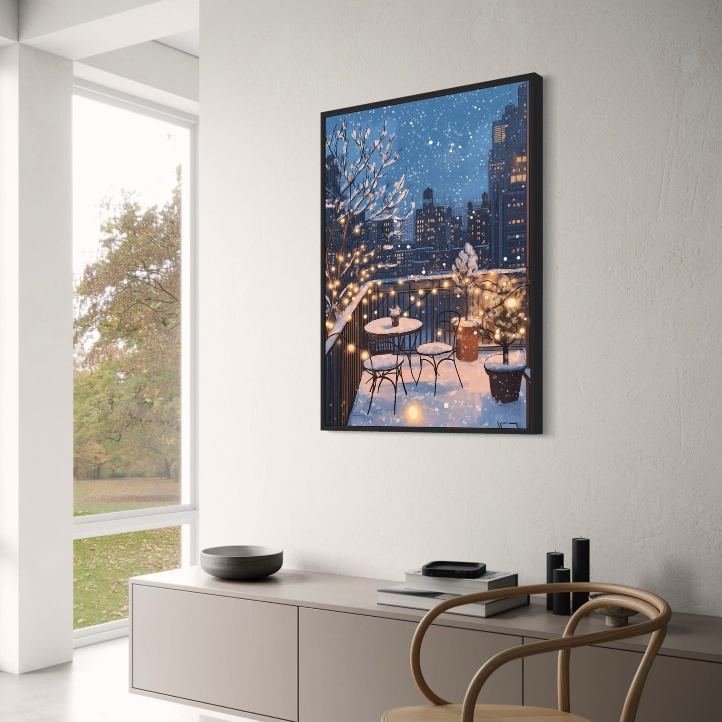 Charming Evening Winter Balcony Scene | Snowy Urban Decor Poster | Cozy Fairy Lights & Snowy Furniture | Cityscape Wall Art Print | Twinkling Snowflakes & Holiday Ambiance | Serene Winter Wonderland