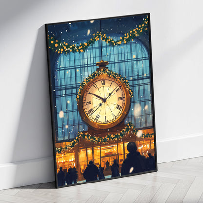 Grand Entrance Poster | Festive Snowfall Scene | Illuminated Clock | Blue Window Backdrop | Greenery & Yellow Ornaments | Seasonal Ambiance | Wall Art Print for Home Decor or Holiday Gifts