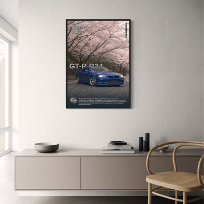 Nissan GT-R R34 Skyline | Cherry Blossom Road Scene | Iconic Japanese Sports Car Poster | High-Quality Auto Art Print