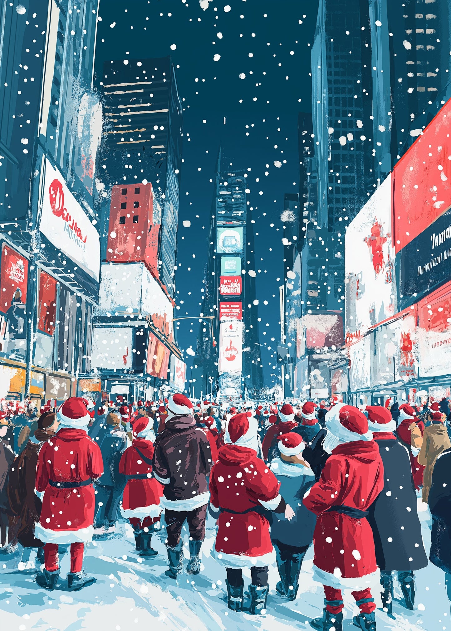 Festive Times Square Scene | Joyful Santa Crowd | Snowy Urban Night | Skyscrapers & Holiday Lights | Winter Wonderland Print for Christmas Decor | Community Spirit | Holiday Season Poster