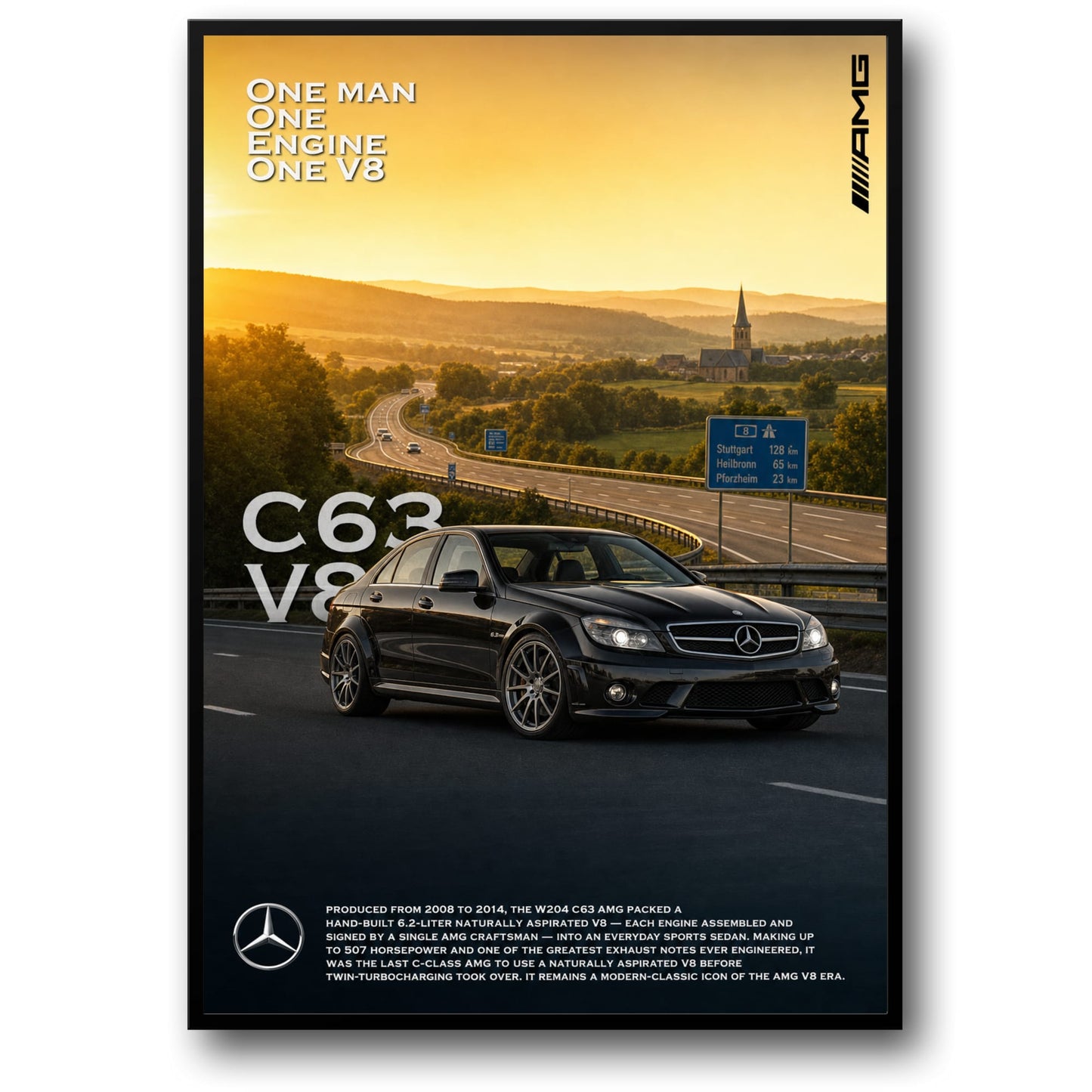 Mercedes C63 AMG V8 Poster | Classic Car Art | Iconic Engine Design Print | Luxury Sports Sedan | Wall Decor Poster