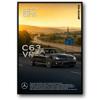 Mercedes C63 AMG V8 Poster | Classic Car Art | Iconic Engine Design Print | Luxury Sports Sedan | Wall Decor Poster