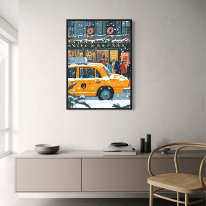 Festive Urban Winter Scene | Yellow Taxi Cab in Snow | Christmas Wreaths and Garlands | Perfect Home or Holiday Gift | City Poster Print