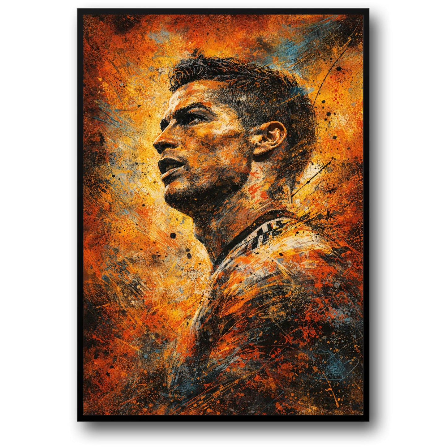 Athlete Art | Intense Sports-Themed Poster | Fiery Orange, Gold, Blue | Paint Splatter Style | High-Quality Print for Home Decor | Modern Urban Artistic Representation | Perfect for Sports Enthusiasts