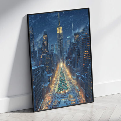 Majestic Winter Night | Christmas Tree Cityscape | Snow-Covered City | Holiday Atmosphere | Festive Scene | Urban Poster | Print
