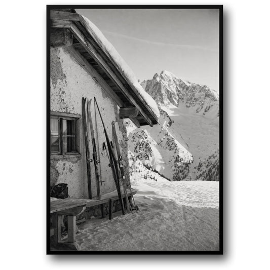 Mountain Ski Lodge Winter Landscape | Vintage Black and White Wall Art Print | Snowy Alpine Cabin Decor Poster
