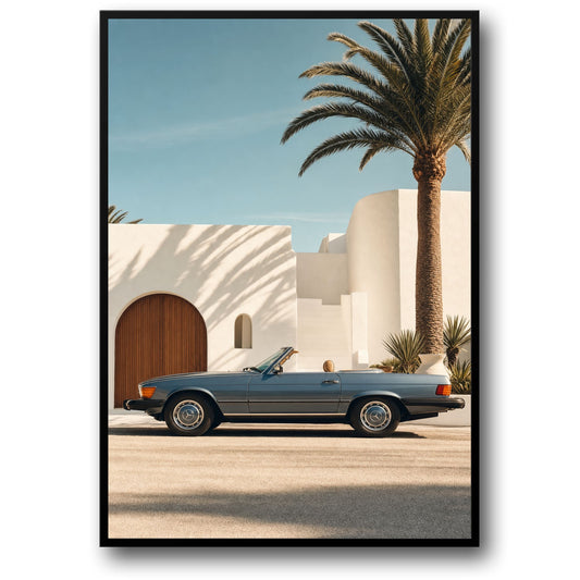 Vintage Convertible Car | Architectural Palm Oasis | Modern Wall Art Print | Stylish Retro Poster Decor