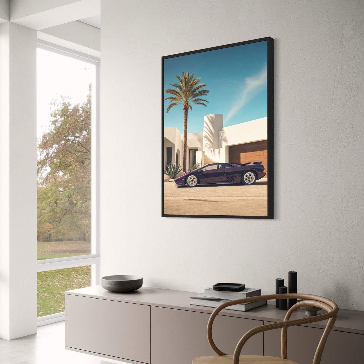 Luxury Sports Car & Palm Tree Art | Exotic Car Wall Decor | Elegant Architecture Scene Poster | Premium Print