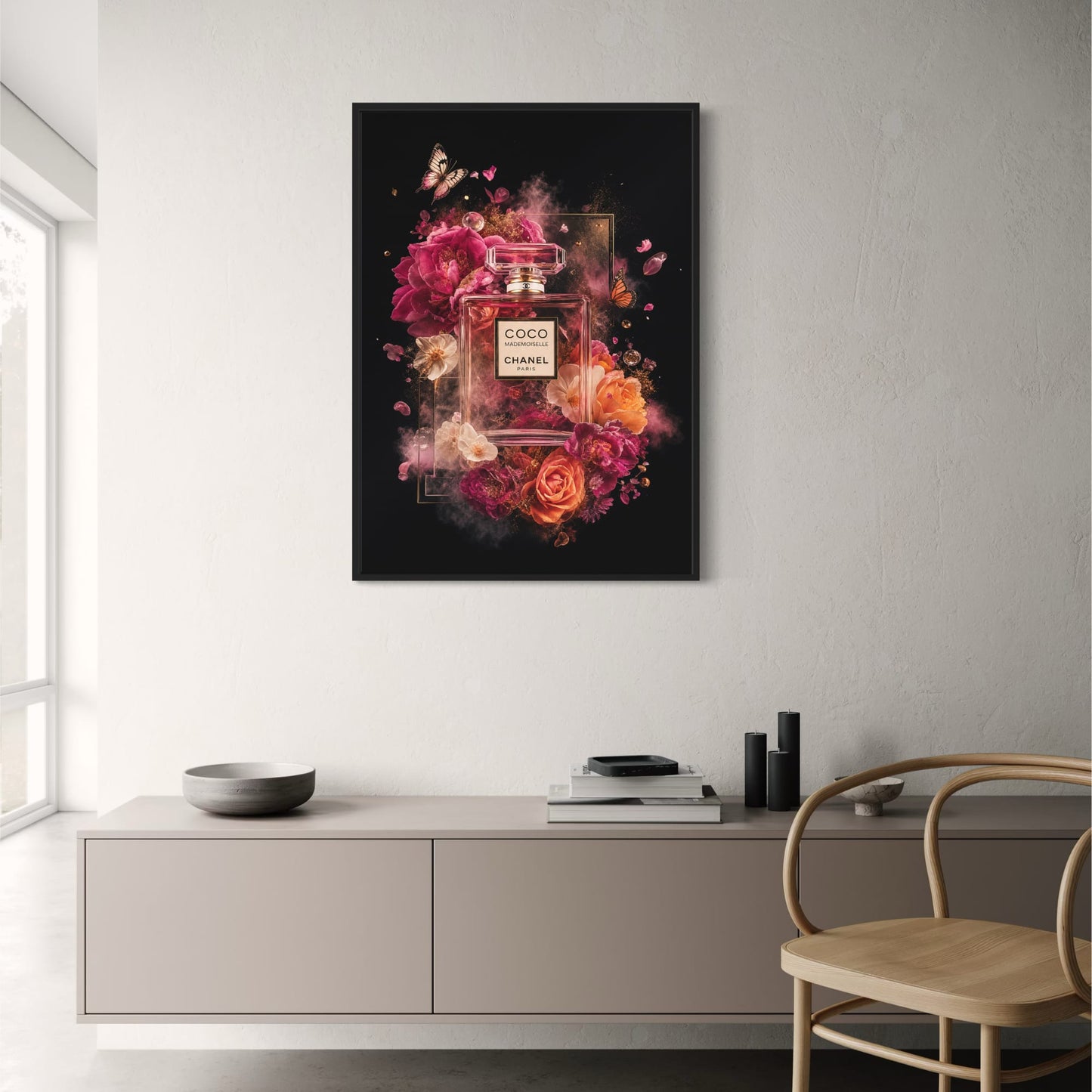 Coco Mademoiselle Fragrance Design | Floral Art | Elegant Decor | Wall Print | Luxury Home Poster | Butterfly Accent