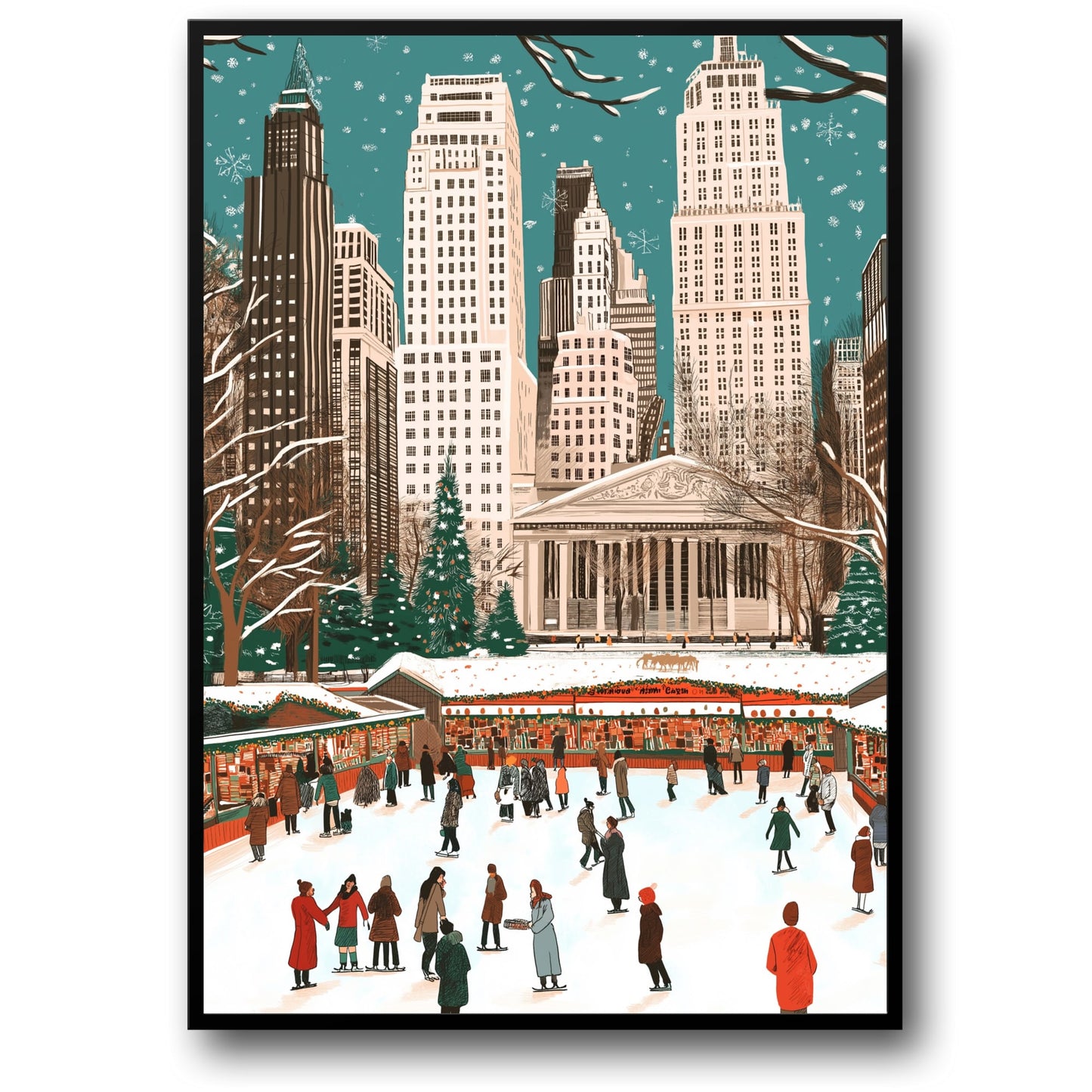 Festive Winter Wonderland | Holiday Skaters & Market | Vibrant Christmas Trees | Snowy Urban Scene | New York City | Poster Print
