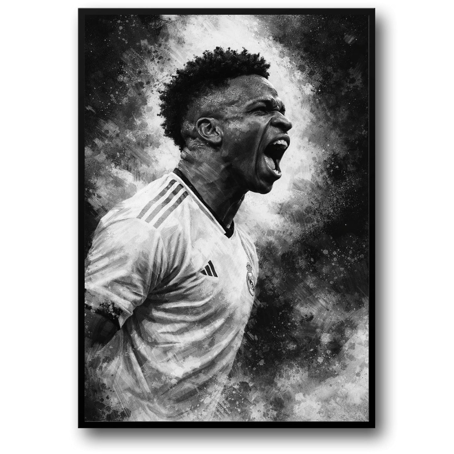 Football Art | Energetic Soccer Player | Striking Stripe Jersey | Intense Expression | Abstract Paint Splatter | Motivational Wall Poster | Perfect Decor for Sports Lovers & Gyms | Art Print