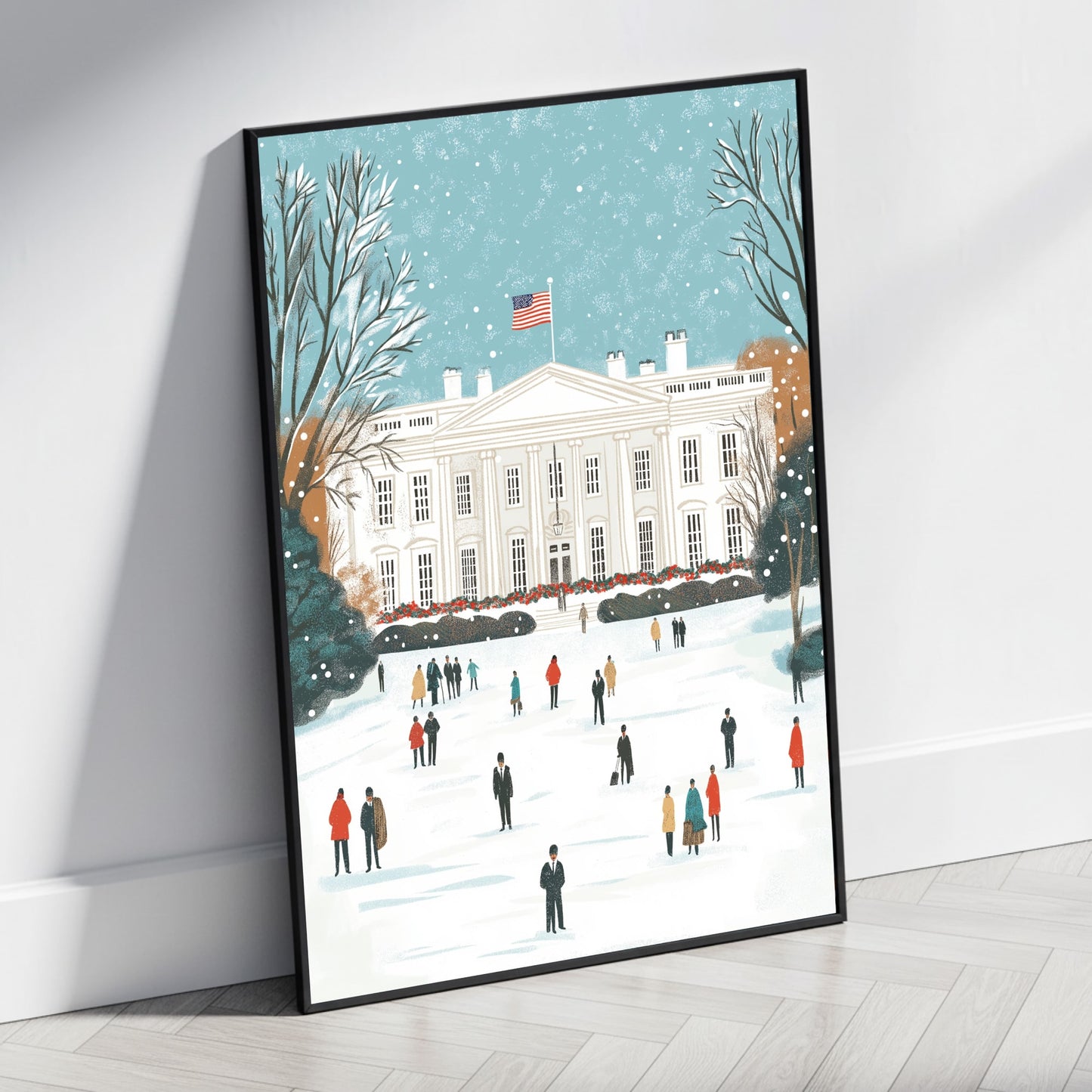 Charming Winter Scene | Iconic White House Art Print | Snow-Covered Landscape & Holiday Atmosphere | Festive Poster for Home Decor | Architectural Details & Frosted Trees | Inspirational Winter Wonderland