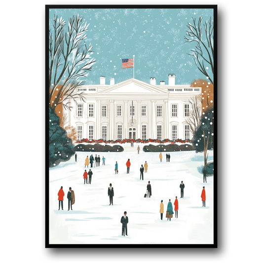 Charming Winter Scene | Iconic White House Art Print | Snow-Covered Landscape & Holiday Atmosphere | Festive Poster for Home Decor | Architectural Details & Frosted Trees | Inspirational Winter Wonderland