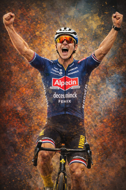 Cyclist Triumph | Professional Rider in Alpecin-Deceuninck Kit | Vivid Orange & Blue Explosive Background | Sports Decor Wall Art | Victory & Athletic Pride Poster Print