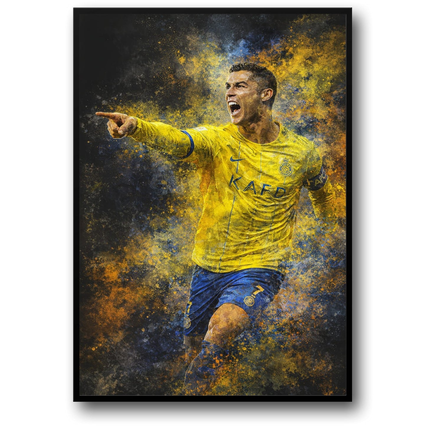 Cristiano Ronaldo | Soccer Art | Vibrant Poster with Athlete in Yellow & Blue | Unique Paint Splatter | Inspirational Home Decor | Action Print for Sports Enthusiasts & Art Lovers | Motivational Wall Artwork