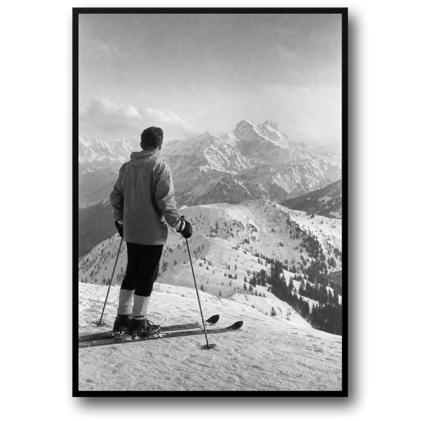 Vintage Skiing Adventure | Scenic Mountain Landscape Art | Black and White Winter Sports Poster Print