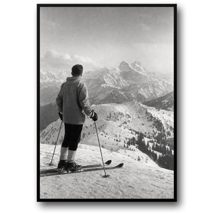 Vintage Skiing Adventure | Scenic Mountain Landscape Art | Black and White Winter Sports Poster Print