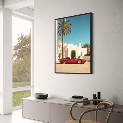 Red Sports Car in Tropical Setting | Modern Wall Art Decor | Luxury Automotive Poster Print for Home Office Decor