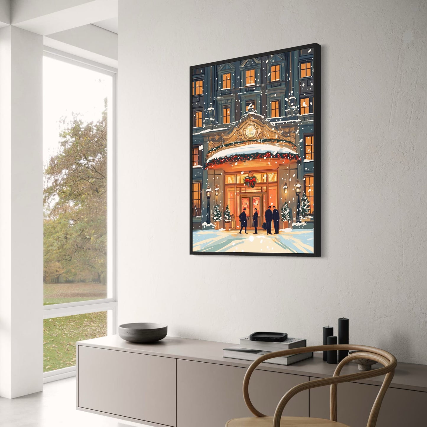 Luxurious Winter Holiday Scene | Festive Hotel Entrance | Snow-Covered Architecture | Seasonal Wreaths & Lights | Holiday Poster & Print