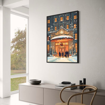 Luxurious Winter Holiday Scene | Festive Hotel Entrance | Snow-Covered Architecture | Seasonal Wreaths & Lights | Holiday Poster & Print