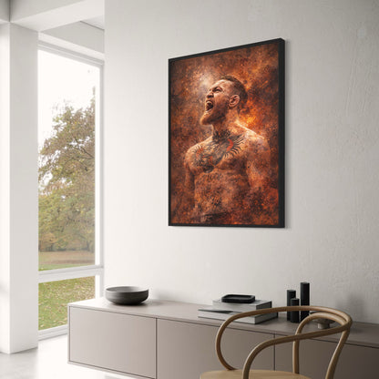 Conor McGregor | UFC Fighter Poster | Bold Shouting Pose with Intricate Tattoo and Fiery Abstract Design | Ideal for Enthusiasts | Vibrant Martial Arts Art Print for Decor Enthusiasts