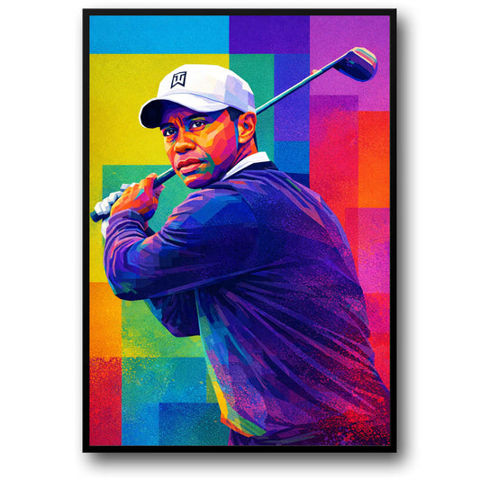 Tiger Woods | Vibrant Geometric Golf Art | Abstract Colorful Golfer Portrait Swing | Pop Art Cubism Wall Decor | Unique Print Poster
