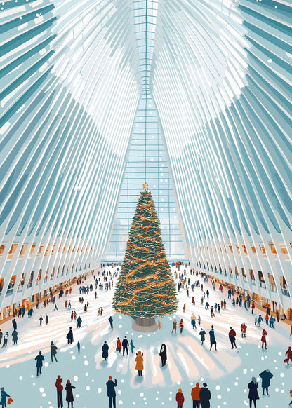 Holiday Spirit | Majestic Christmas Tree | Modern Atrium | Snowy Atmosphere Poster | Festive Decor | Interior Scene | Seasonal Celebrations | Perfect for Winter Wonderland Theme | Print