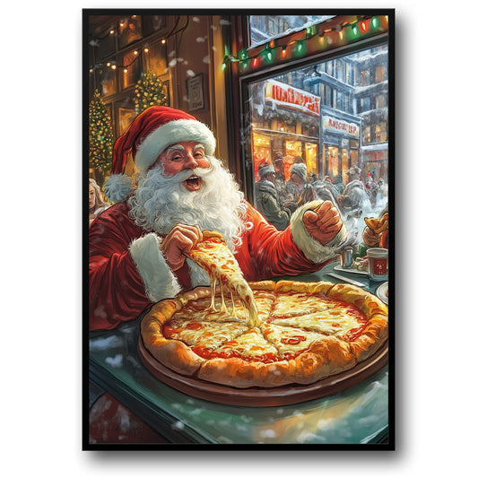Santa Claus | Festive Holiday Pizza Celebration | Cozy Winter Café | Christmas Lights | Snowy Streetscape | Seasonal Cheer | Poster Print